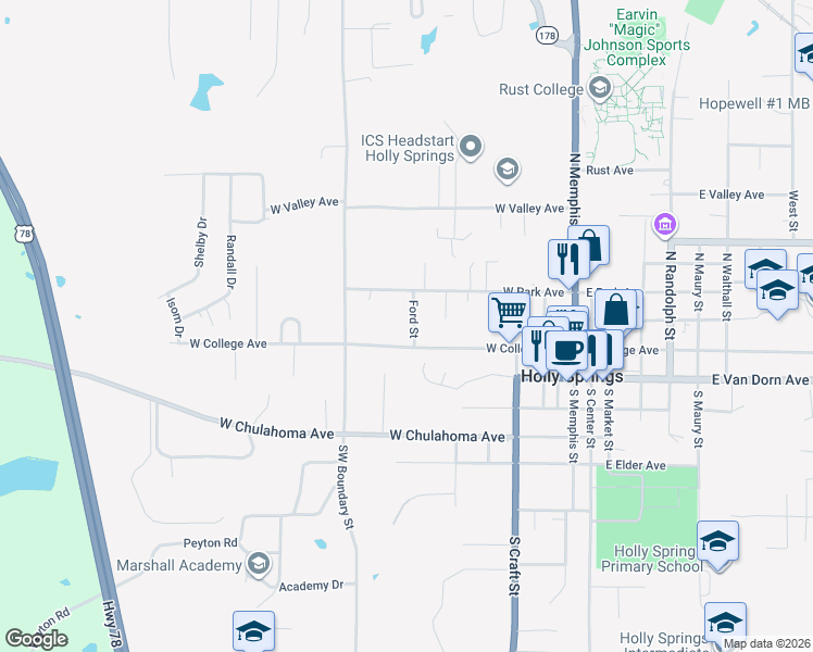map of restaurants, bars, coffee shops, grocery stores, and more near 315-331 West College Avenue in Holly Springs