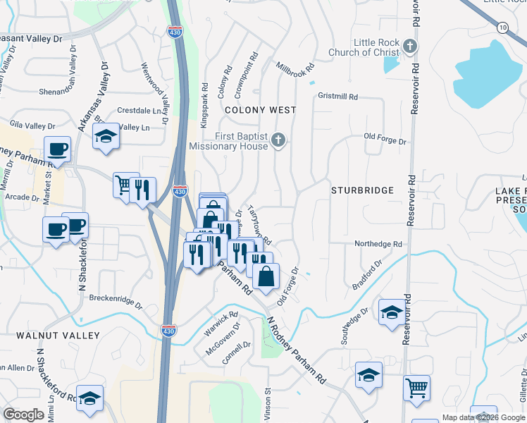 map of restaurants, bars, coffee shops, grocery stores, and more near 1707 Tarrytown Road in Little Rock