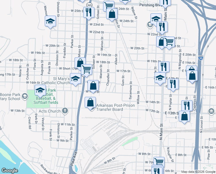 map of restaurants, bars, coffee shops, grocery stores, and more near 1500 Chandler Street in North Little Rock