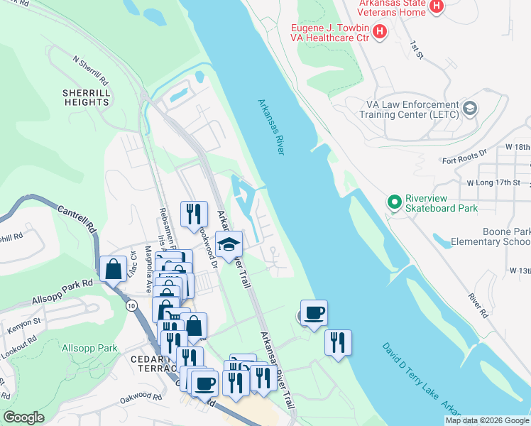 map of restaurants, bars, coffee shops, grocery stores, and more near 1909 Canal Pointe in Little Rock