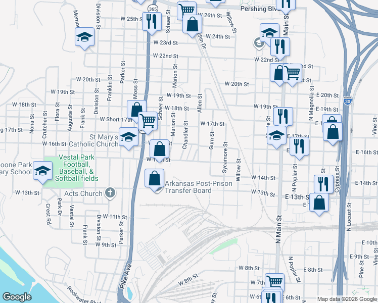 map of restaurants, bars, coffee shops, grocery stores, and more near 1500 Chandler Street in North Little Rock