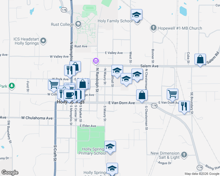 map of restaurants, bars, coffee shops, grocery stores, and more near 200-270 E College Ave in Holly Springs