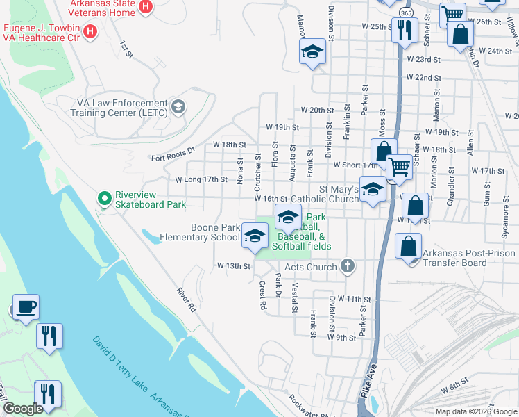 map of restaurants, bars, coffee shops, grocery stores, and more near 1611 Crutcher Street in North Little Rock