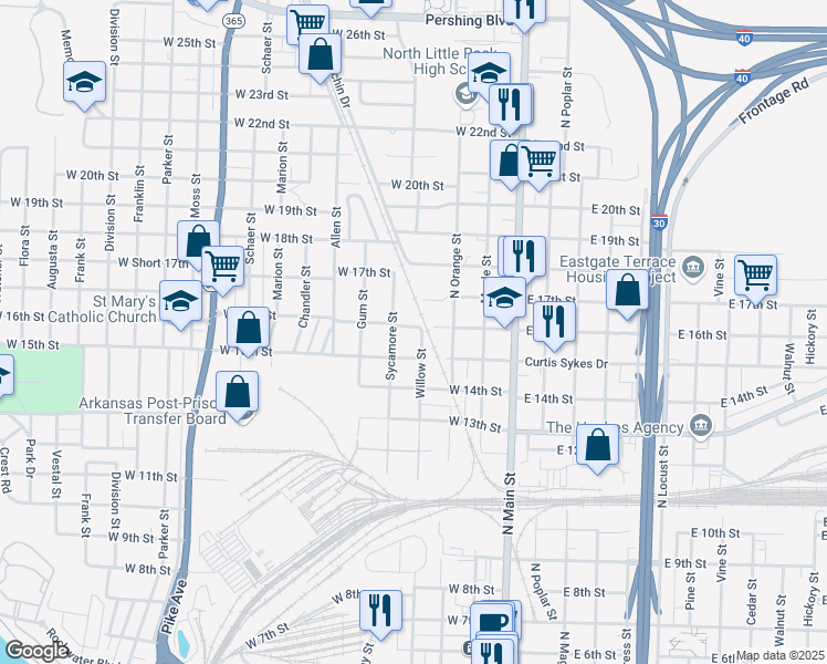 map of restaurants, bars, coffee shops, grocery stores, and more near 320 West 17th Street in North Little Rock
