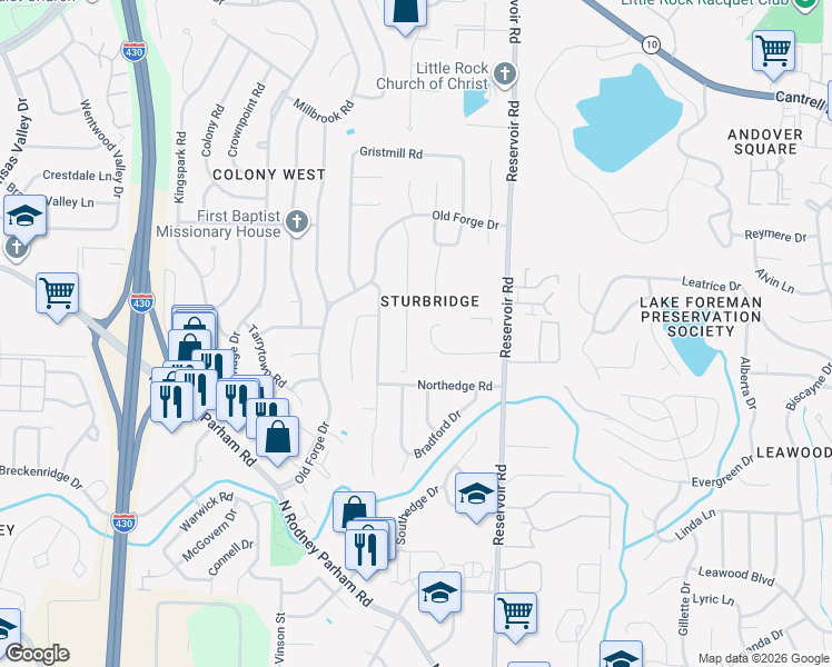 map of restaurants, bars, coffee shops, grocery stores, and more near 1807 Sanford Drive in Little Rock