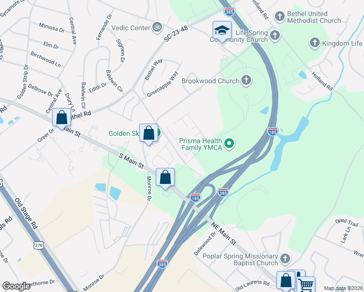 map of restaurants, bars, coffee shops, grocery stores, and more near 442 Elmwood Drive in Simpsonville
