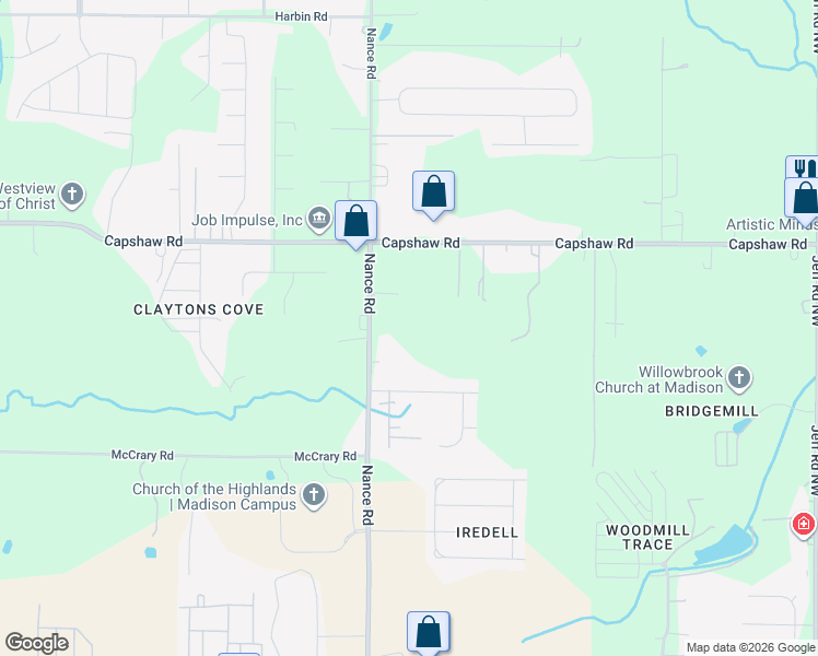 map of restaurants, bars, coffee shops, grocery stores, and more near 597 Nance Road in Madison