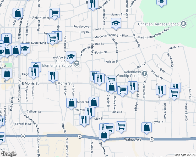 map of restaurants, bars, coffee shops, grocery stores, and more near 1020 Dozier Street in Dalton