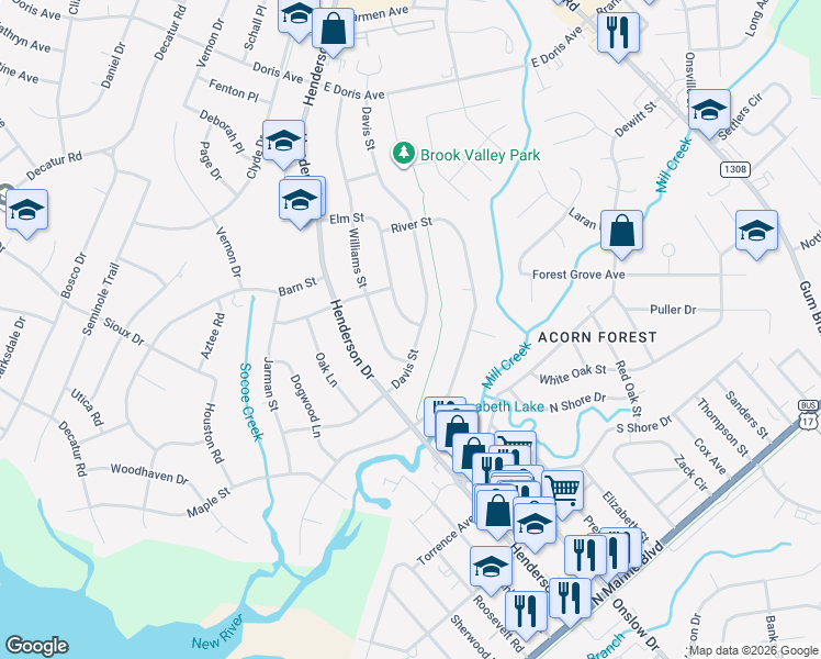 map of restaurants, bars, coffee shops, grocery stores, and more near 1203 Davis Street in Jacksonville