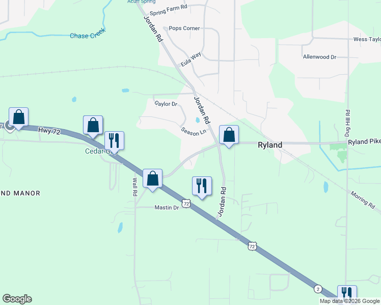 map of restaurants, bars, coffee shops, grocery stores, and more near 104 Season Lane in Huntsville