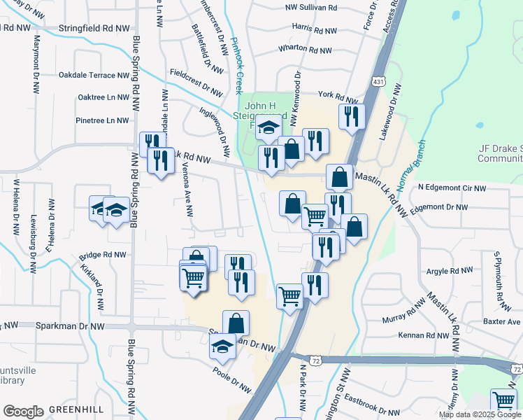 map of restaurants, bars, coffee shops, grocery stores, and more near 2228 Jonathan Drive Northwest in Huntsville