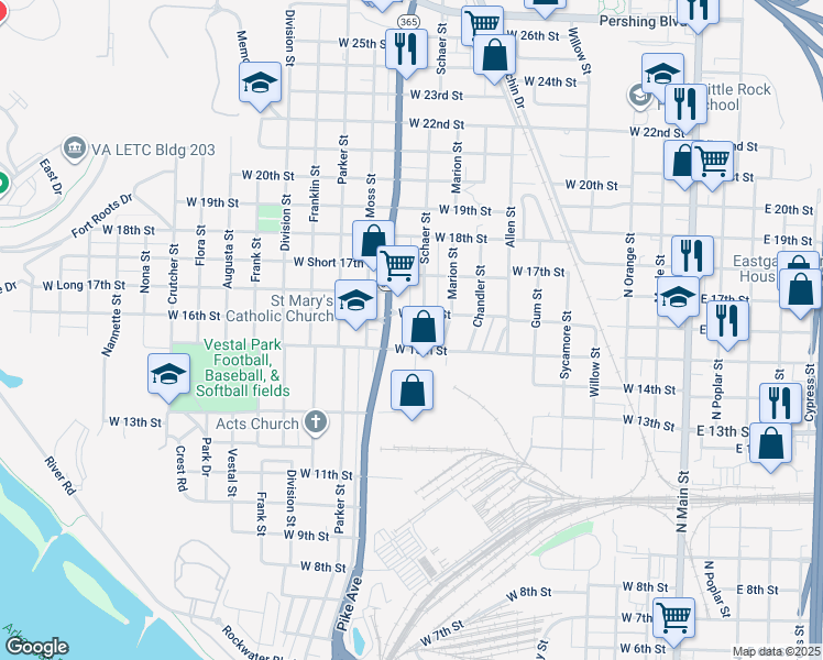 map of restaurants, bars, coffee shops, grocery stores, and more near 1600 Pike Avenue in North Little Rock