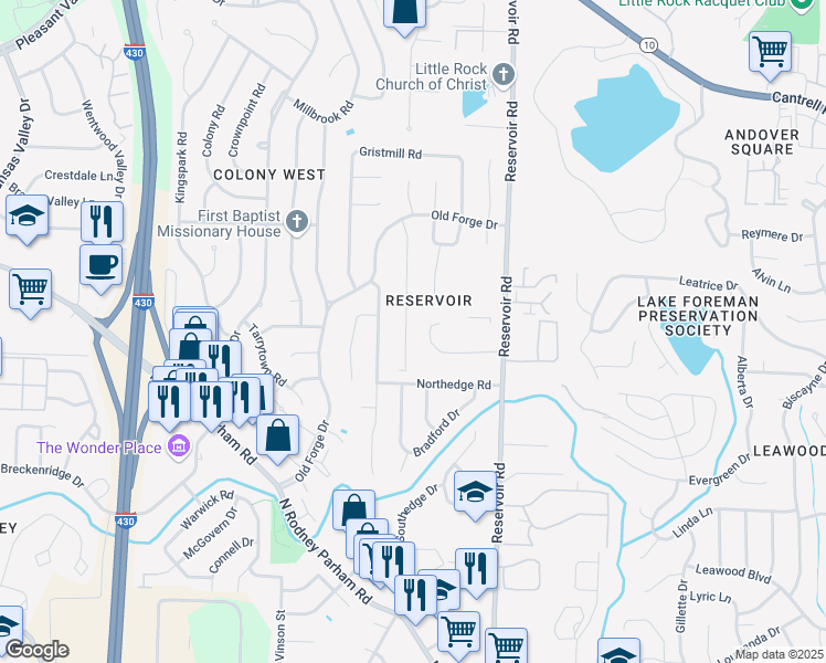 map of restaurants, bars, coffee shops, grocery stores, and more near 18 Ludington Cove in Little Rock