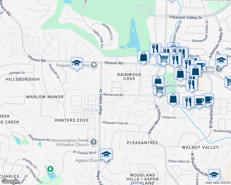 map of restaurants, bars, coffee shops, grocery stores, and more near 6 Rainwood Lane in Little Rock