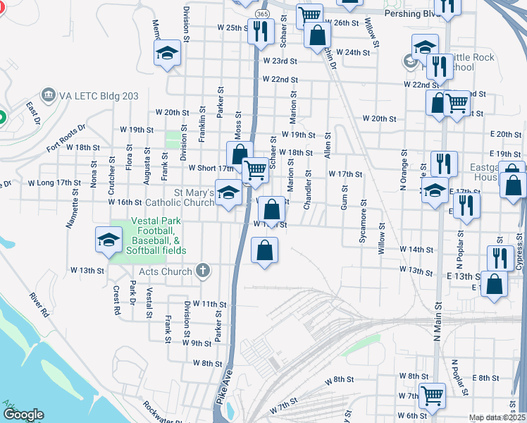 map of restaurants, bars, coffee shops, grocery stores, and more near 1517 Schaer Street in North Little Rock