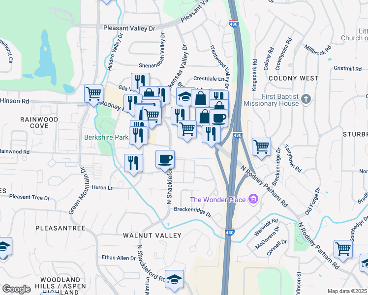map of restaurants, bars, coffee shops, grocery stores, and more near 10901 North Rodney Parham Road in Little Rock