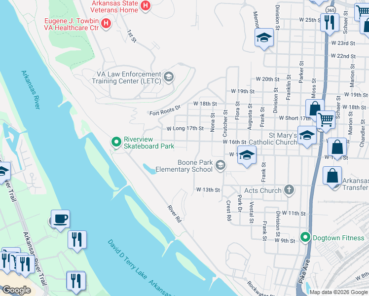map of restaurants, bars, coffee shops, grocery stores, and more near 2123 West 16th Street in North Little Rock
