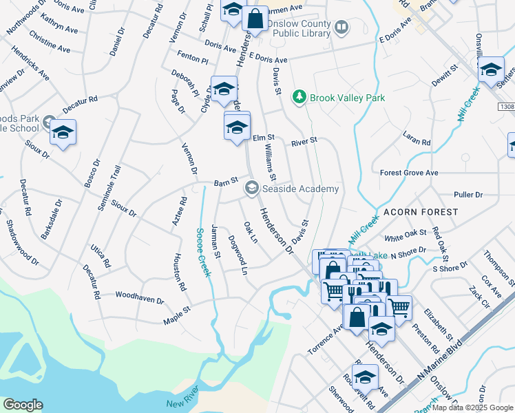 map of restaurants, bars, coffee shops, grocery stores, and more near 527 Henderson Drive in Jacksonville