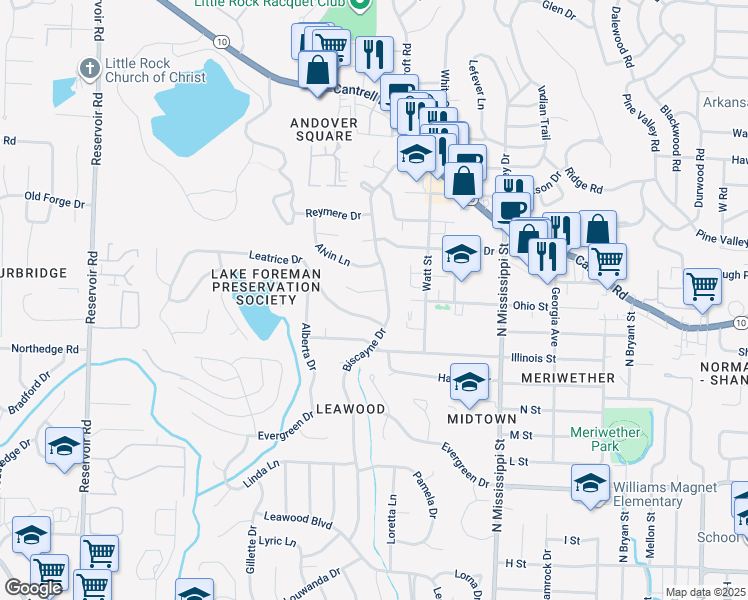map of restaurants, bars, coffee shops, grocery stores, and more near 8111 Lowell Lane in Little Rock