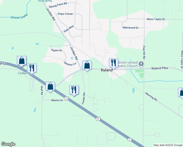 map of restaurants, bars, coffee shops, grocery stores, and more near 105 Ryland Ridge Circle in Huntsville