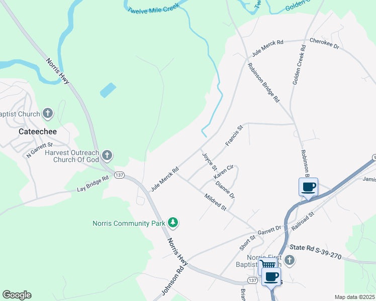 map of restaurants, bars, coffee shops, grocery stores, and more near 301 Jule Merck Road in Norris