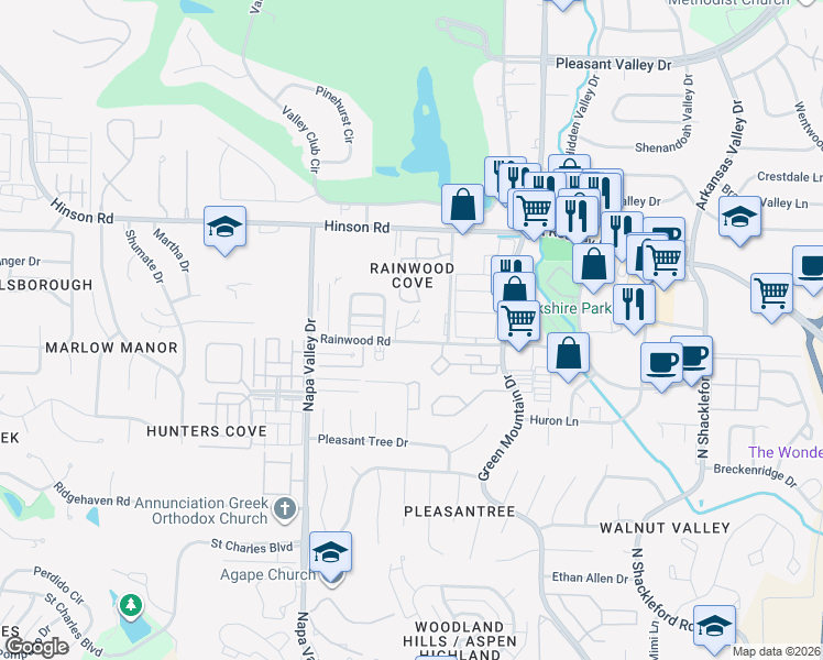 map of restaurants, bars, coffee shops, grocery stores, and more near 12100 Rainwood Road in Little Rock
