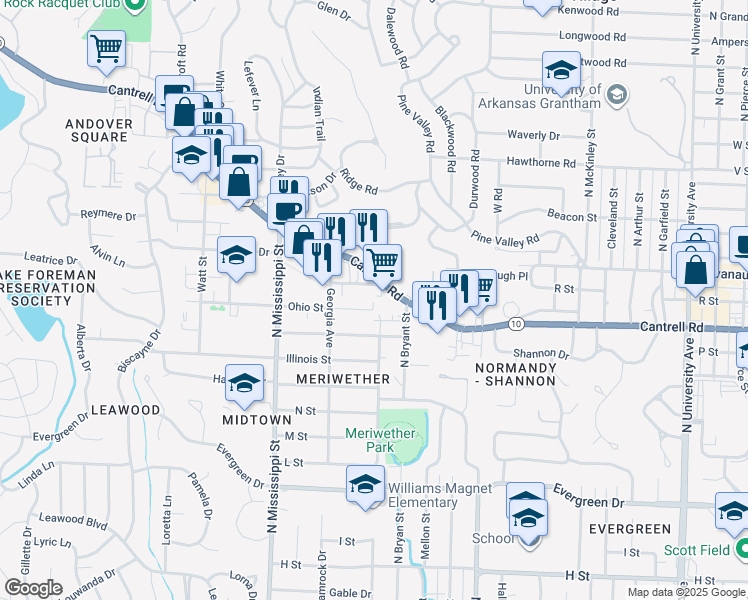 map of restaurants, bars, coffee shops, grocery stores, and more near 7214 Cantrell Road in Little Rock
