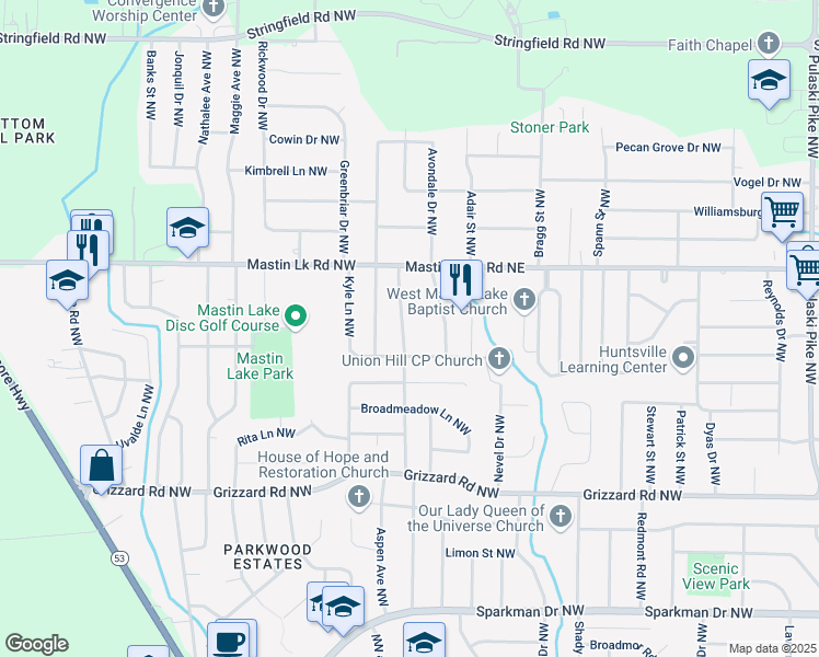 map of restaurants, bars, coffee shops, grocery stores, and more near 3406 Angora Drive Northwest in Huntsville