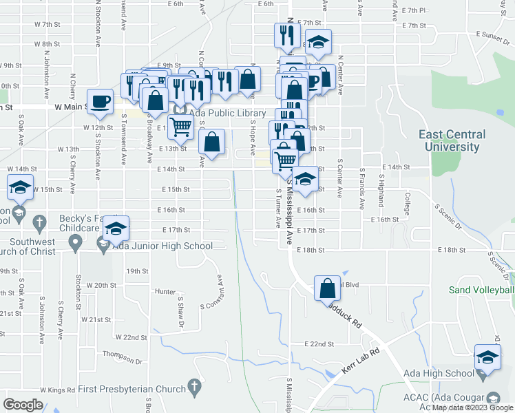 map of restaurants, bars, coffee shops, grocery stores, and more near 502 East 16th Street in Ada