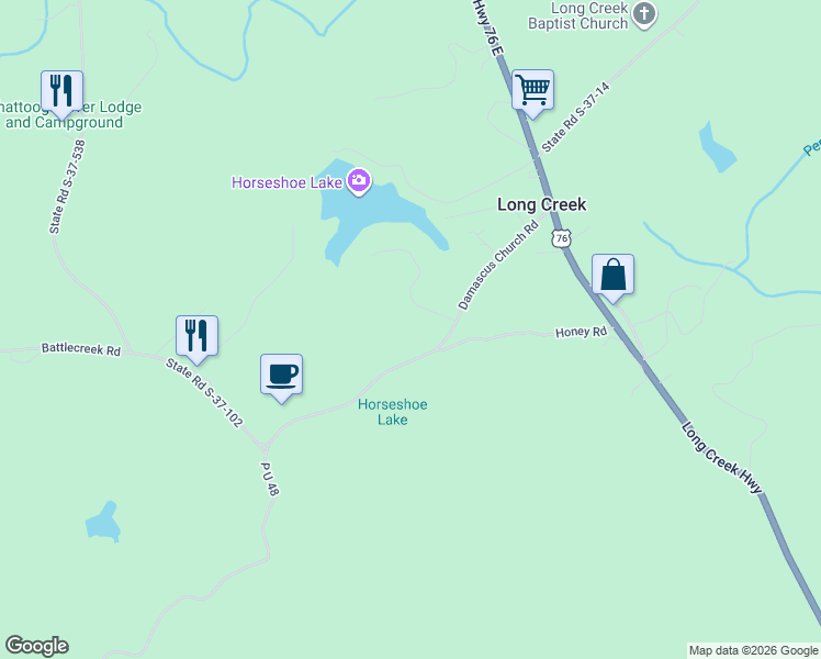 map of restaurants, bars, coffee shops, grocery stores, and more near 147 Horseshoe Lake Road in Long Creek