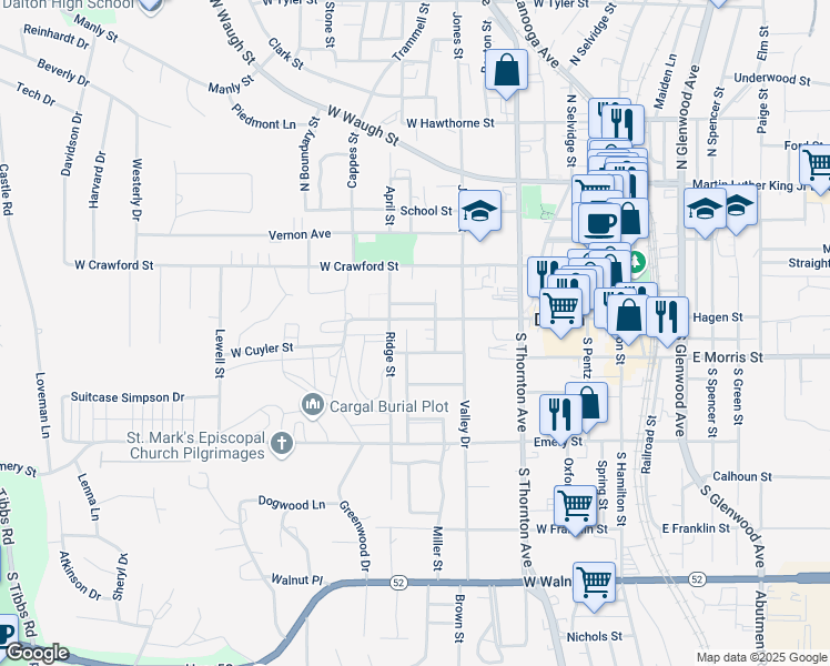 map of restaurants, bars, coffee shops, grocery stores, and more near 611 Wilkins Street in Dalton