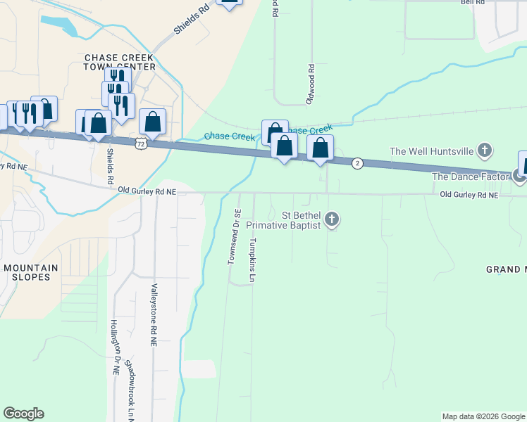 map of restaurants, bars, coffee shops, grocery stores, and more near 114 Tumpkins Lane in Huntsville