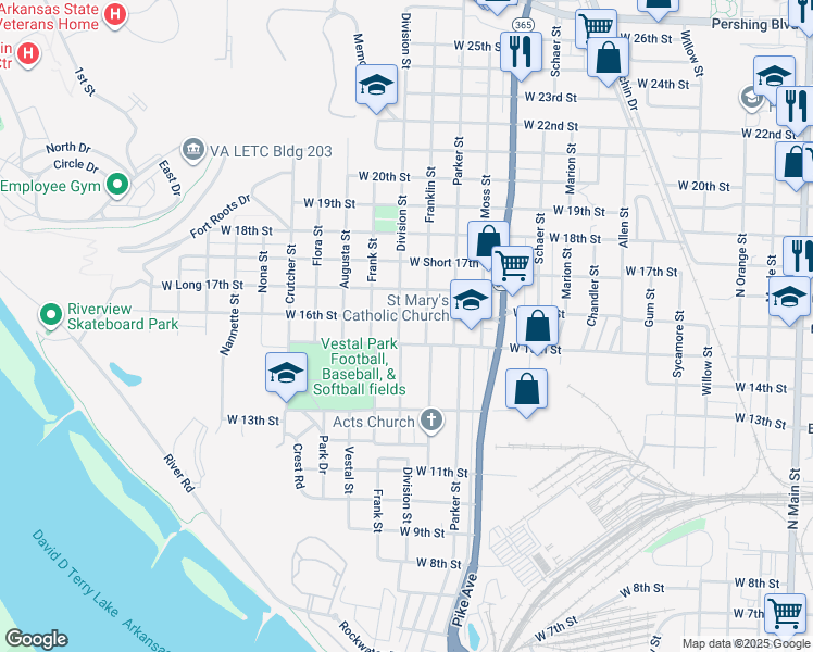 map of restaurants, bars, coffee shops, grocery stores, and more near 1421 West 16th Street in North Little Rock