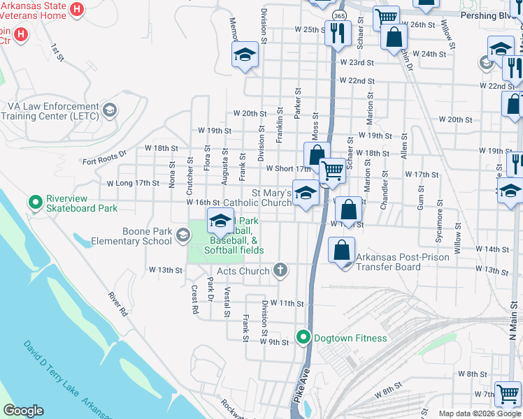 map of restaurants, bars, coffee shops, grocery stores, and more near 1421 West 16th Street in North Little Rock