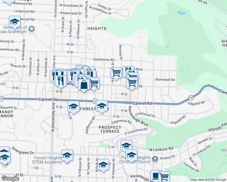 map of restaurants, bars, coffee shops, grocery stores, and more near 5301 Kavanaugh Boulevard in Little Rock