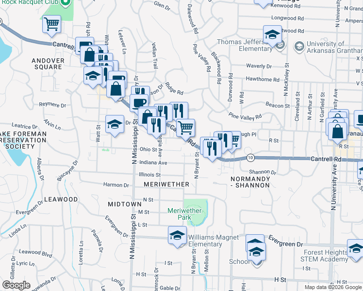 map of restaurants, bars, coffee shops, grocery stores, and more near 7214 Cantrell Road in Little Rock