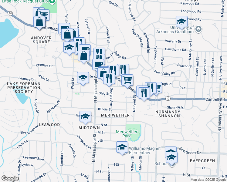 map of restaurants, bars, coffee shops, grocery stores, and more near 7315 Cantrell Road in Little Rock