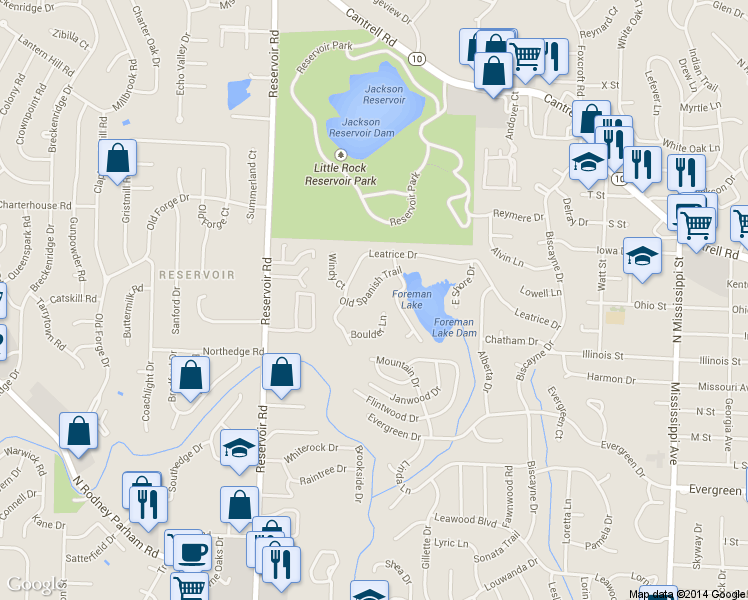 map of restaurants, bars, coffee shops, grocery stores, and more near 8800 Old Spanish Trail in Little Rock