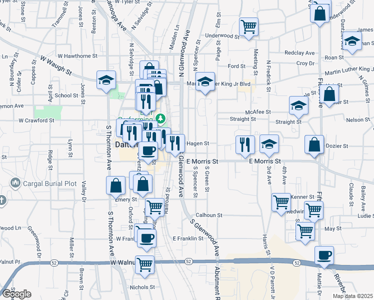 map of restaurants, bars, coffee shops, grocery stores, and more near 209 Hagen Street in Dalton