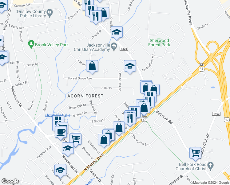 map of restaurants, bars, coffee shops, grocery stores, and more near 315 White Oak Street in Jacksonville