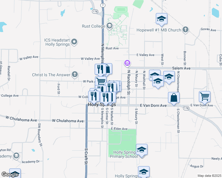 map of restaurants, bars, coffee shops, grocery stores, and more near 140 East Falconer Avenue in Holly Springs