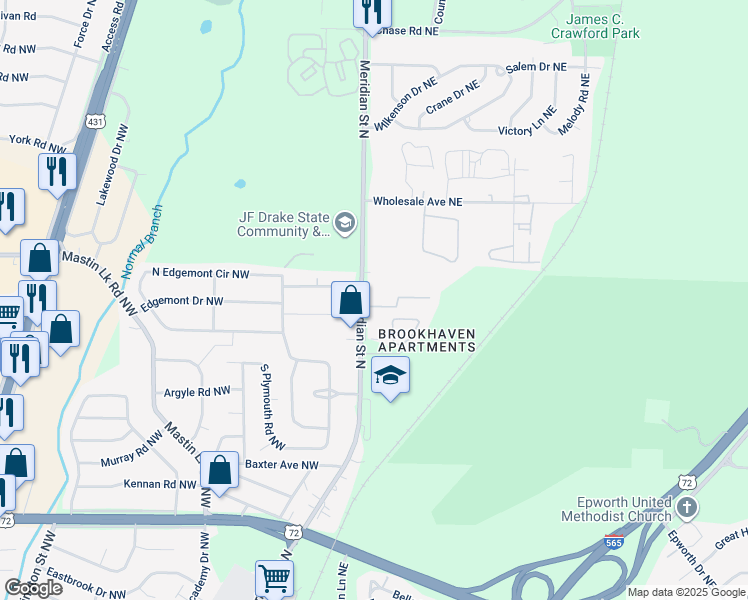 map of restaurants, bars, coffee shops, grocery stores, and more near 3328 Meridian Street North in Huntsville