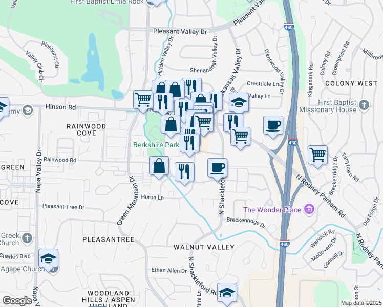 map of restaurants, bars, coffee shops, grocery stores, and more near 1620 Market Street in Little Rock
