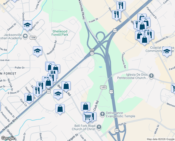 map of restaurants, bars, coffee shops, grocery stores, and more near 200-1036 Marine Plaza in Jacksonville