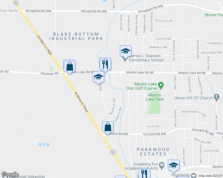 map of restaurants, bars, coffee shops, grocery stores, and more near 3220 Lodge Road Northwest in Huntsville