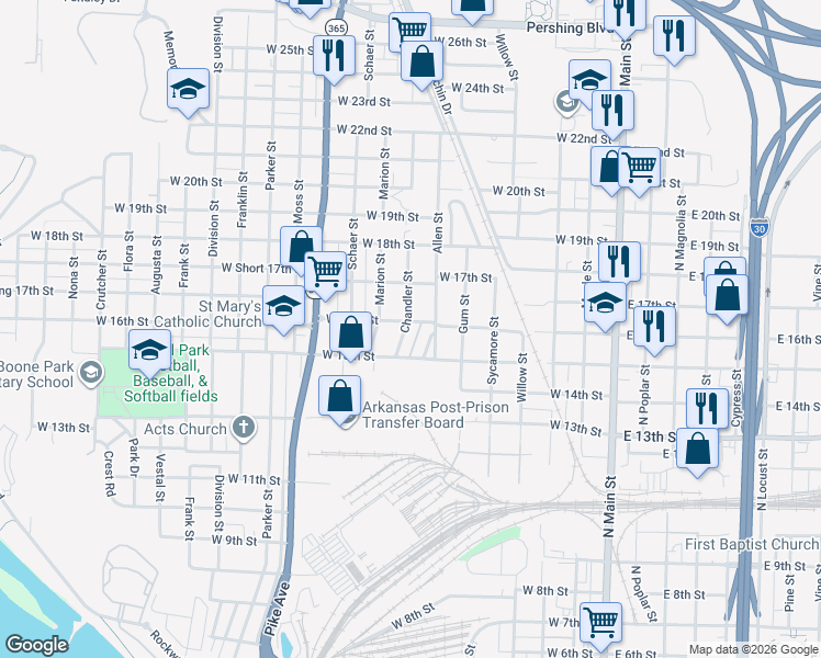 map of restaurants, bars, coffee shops, grocery stores, and more near 1600 Chandler Street in North Little Rock