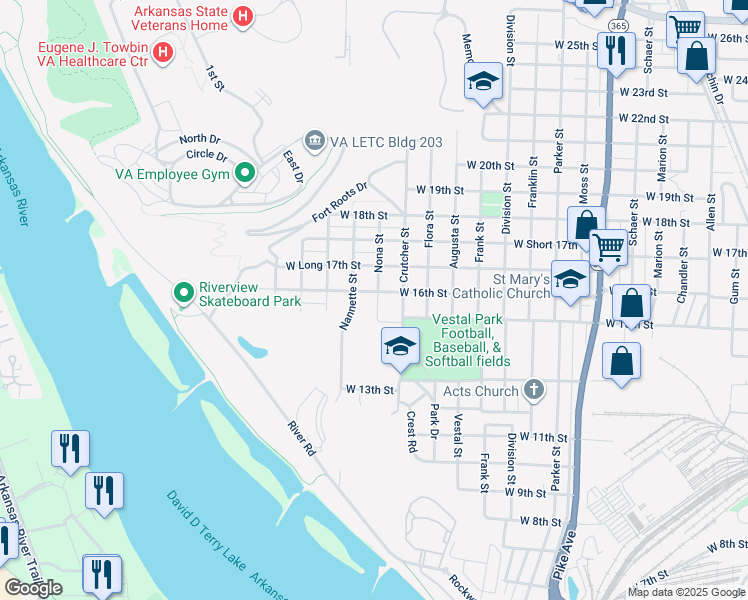 map of restaurants, bars, coffee shops, grocery stores, and more near 2011 West 16th Street in North Little Rock