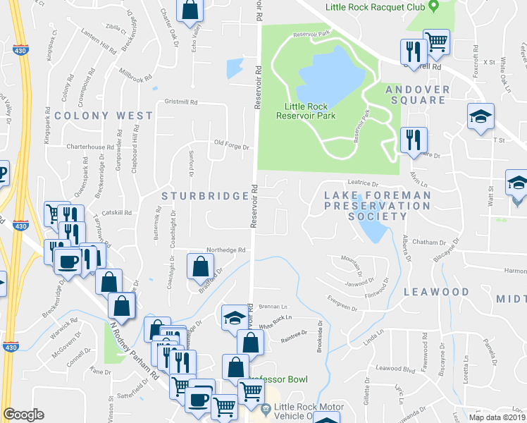 map of restaurants, bars, coffee shops, grocery stores, and more near 1818 Reservoir Road in Little Rock
