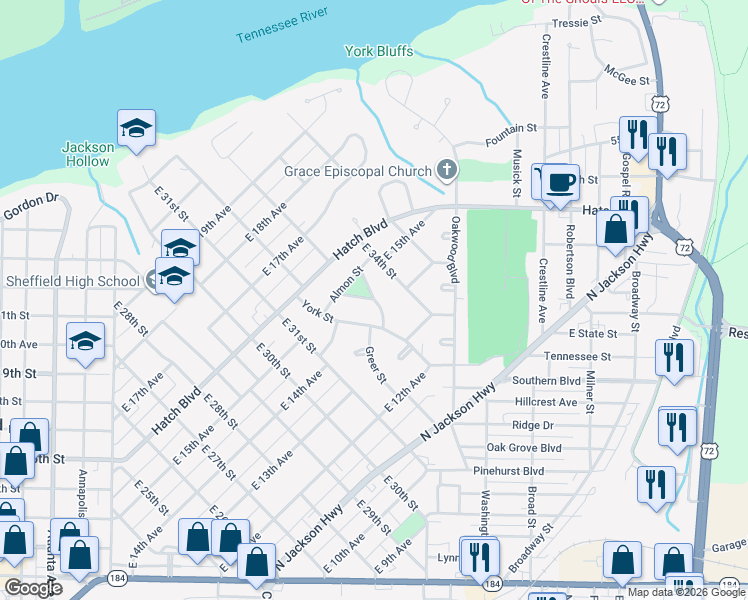 map of restaurants, bars, coffee shops, grocery stores, and more near 1451 Parsons St in Sheffield