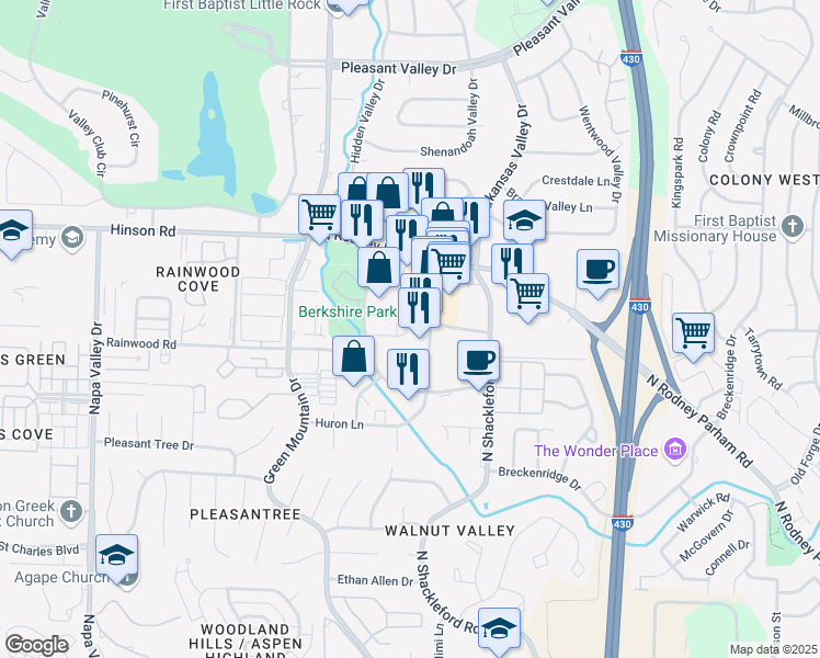 map of restaurants, bars, coffee shops, grocery stores, and more near 1620 Market Street in Little Rock